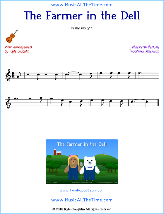 The Farmer in the Dell violin sheet music, arranged to play along with other string instruments. Free printable PDF.