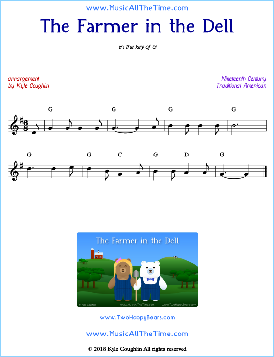 Farmer in the Dell lead sheet music with chords and melody.