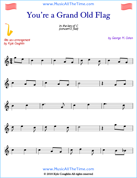 You’re a Grand Old Flag alto saxophone sheet music, arranged to play along with other wind and brass instruments. Free printable PDF.