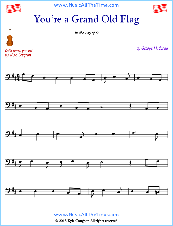 You’re a Grand Old Flag cello sheet music, arranged to play along with other string instruments. Free printable PDF.