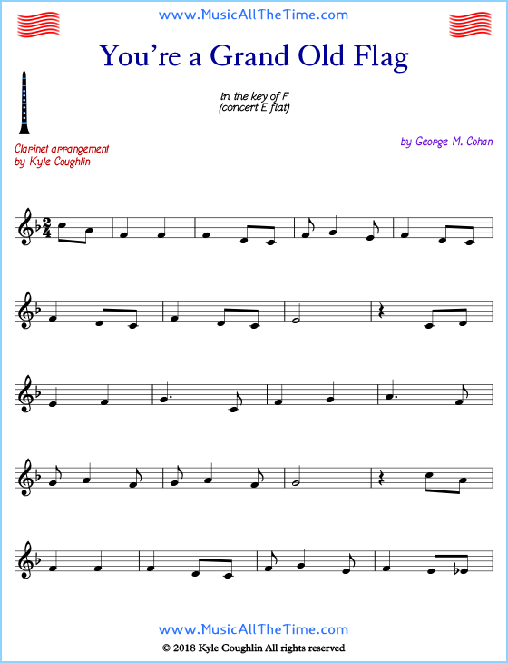 You’re a Grand Old Flag clarinet sheet music, arranged to play along with other wind and brass instruments. Free printable PDF.