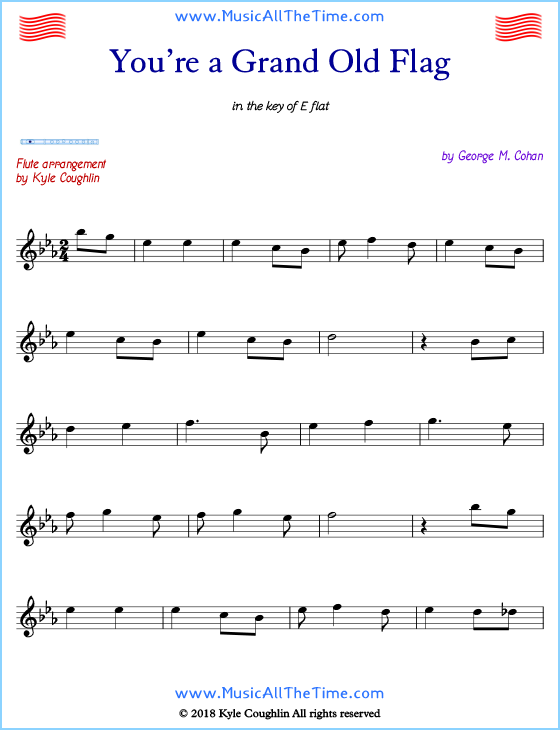 You’re a Grand Old Flag flute sheet music, arranged to play along with other wind and brass instruments. Free printable PDF.