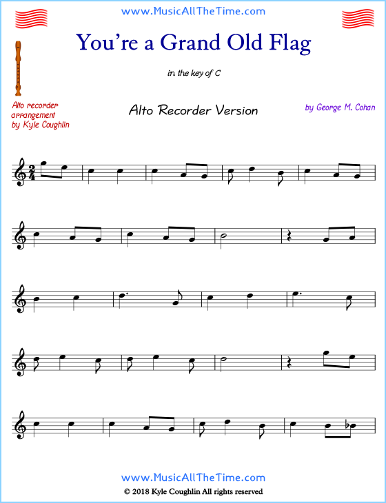 You’re a Grand Old Flag alto recorder sheet music. Free printable PDF.