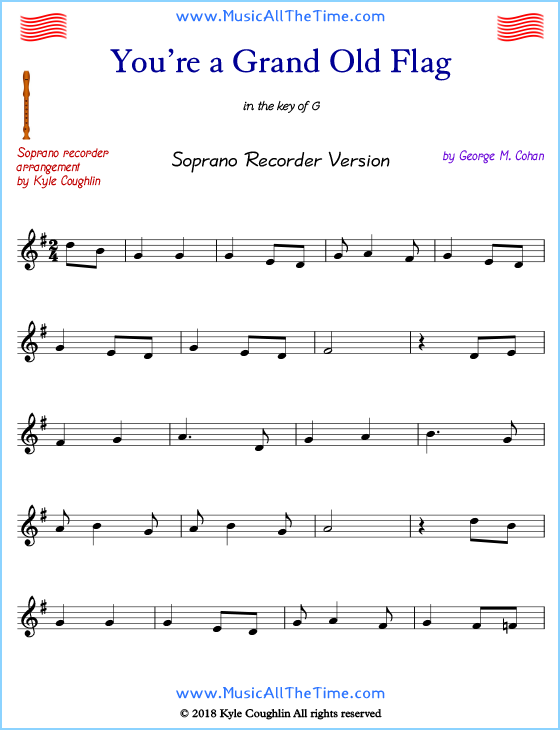 You’re a Grand Old Flag soprano recorder sheet music. Free printable PDF.