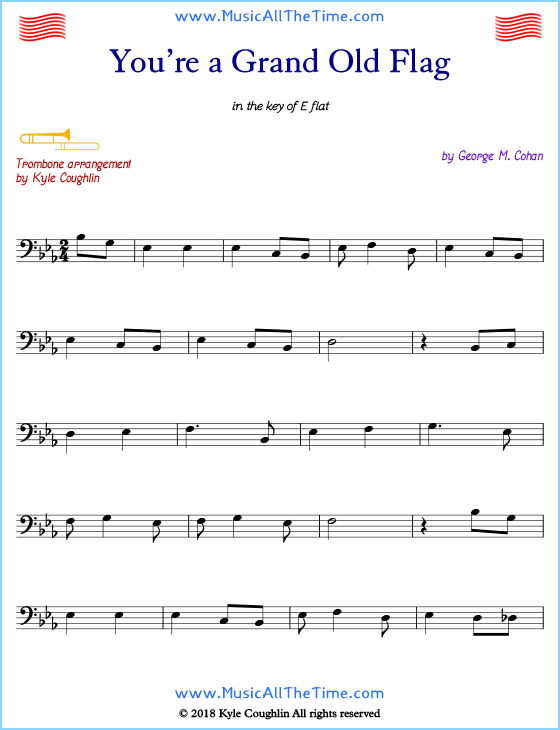 You’re a Grand Old Flag trombone sheet music, arranged to play along with other wind and brass instruments. Free printable PDF.