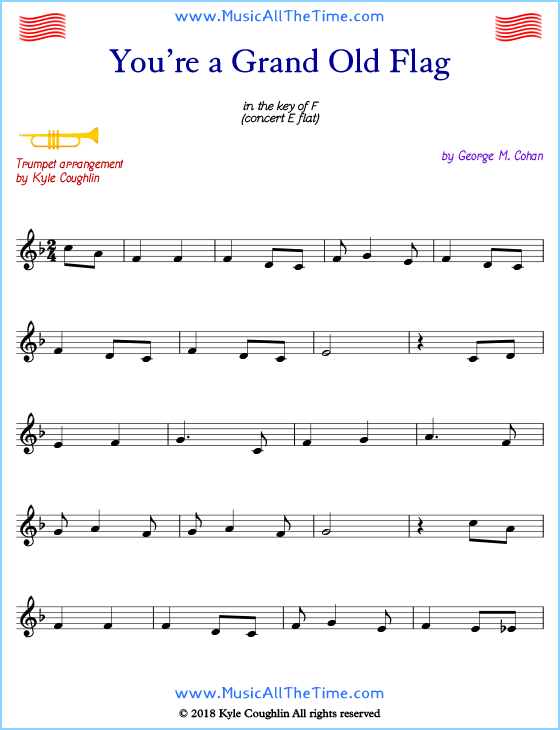 You’re a Grand Old Flag trumpet sheet music, arranged to play along with other wind and brass instruments. Free printable PDF.