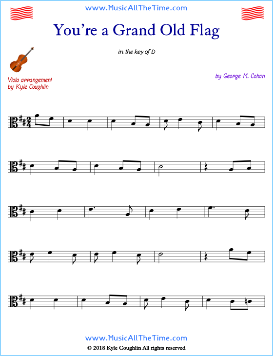 You’re a Grand Old Flag viola sheet music, arranged to play along with other string instruments. Free printable PDF.