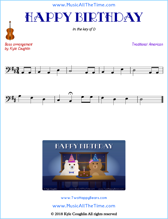 Happy Birthday bass sheet music, arranged to play along with other string instruments. Free printable PDF.