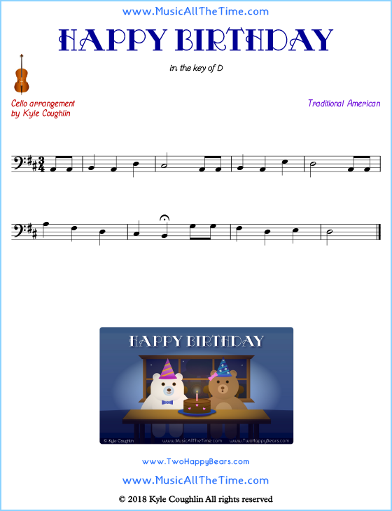 Happy Birthday cello sheet music, arranged to play along with other string instruments. Free printable PDF.