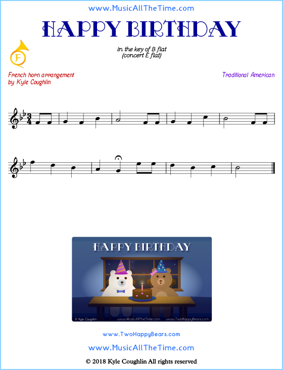 Happy Birthday French horn sheet music, arranged to play along with other wind and brass instruments. Free printable PDF.