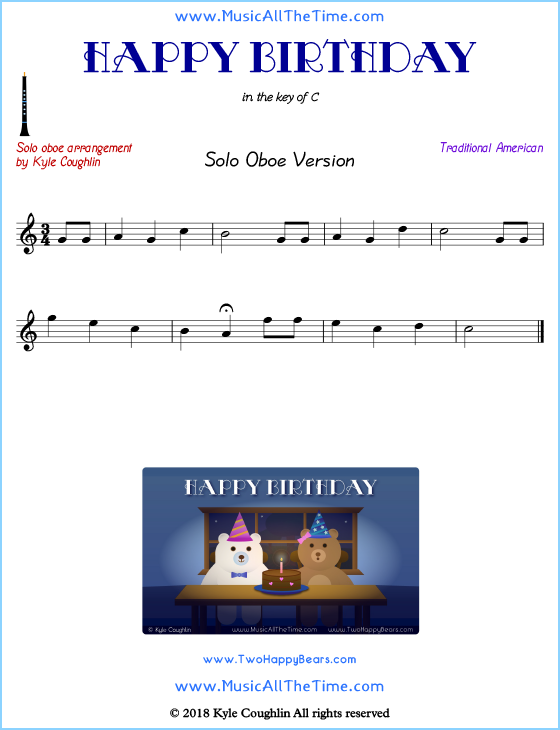 Happy Birthday solo oboe sheet music. Free printable PDF.