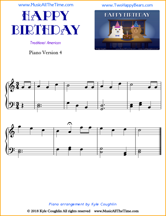 Happy Birthday intermediate sheet music for piano. Free printable PDF.