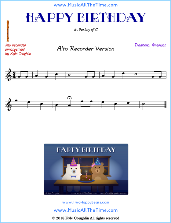 Happy Birthday alto recorder sheet music. Free printable PDF.