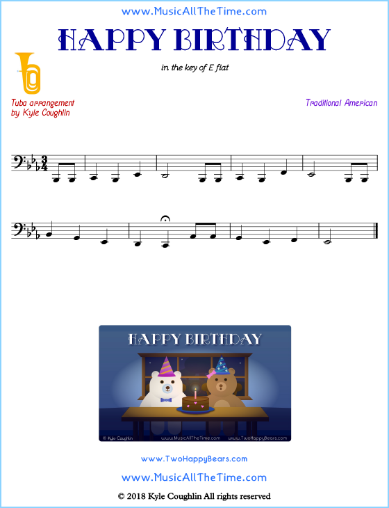 Happy Birthday tuba sheet music, arranged to play along with other wind and brass instruments. Free printable PDF.