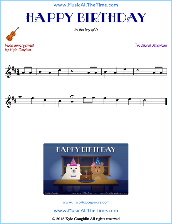 Happy Birthday violin sheet music, arranged to play along with other string instruments. Free printable PDF.
