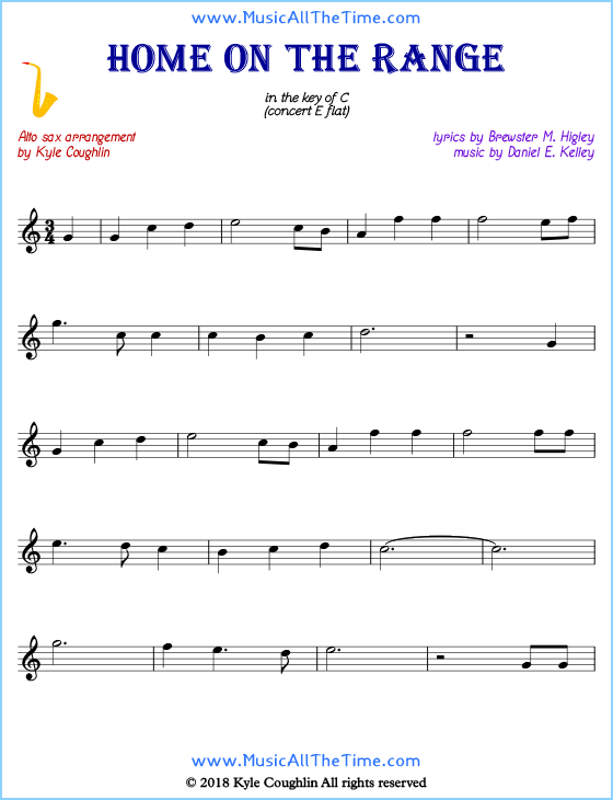 Home on the Range alto saxophone sheet music, arranged to play along with other wind and brass instruments. Free printable PDF.