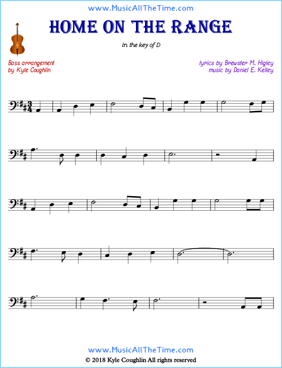 Home on the Range bass sheet music, arranged to play along with other string instruments. Free printable PDF.