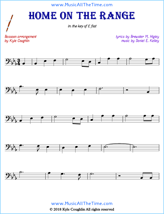 Home on the Range bassoon sheet music, arranged to play along with other wind and brass instruments. Free printable PDF.