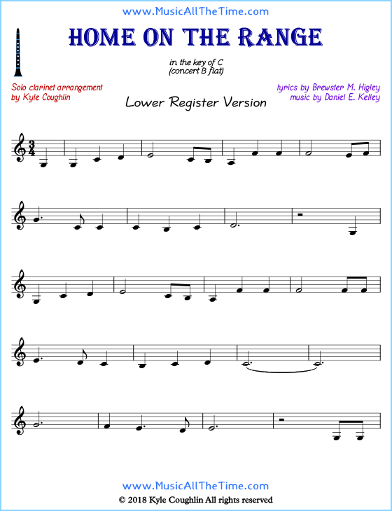 Home on the Range solo clarinet sheet music that is entirely in the lower register. Free printable PDF.