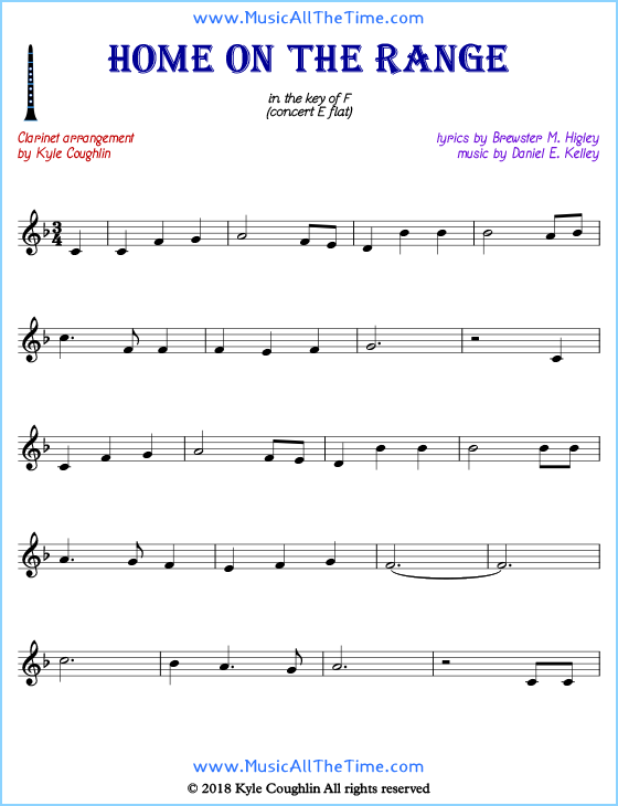 Home on the Range clarinet sheet music, arranged to play along with other wind and brass instruments. Free printable PDF.