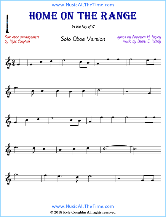Home on the Range solo oboe sheet music. Free printable PDF.