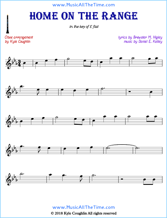 Home on the Range oboe sheet music, arranged to play along with other wind and brass instruments. Free printable PDF.