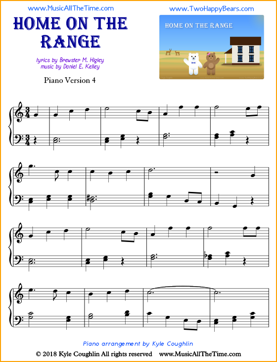Home on the Range intermediate sheet music for piano. Free printable PDF.
