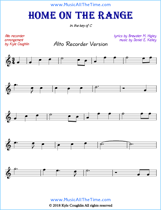 Home on the Range alto recorder sheet music. Free printable PDF.