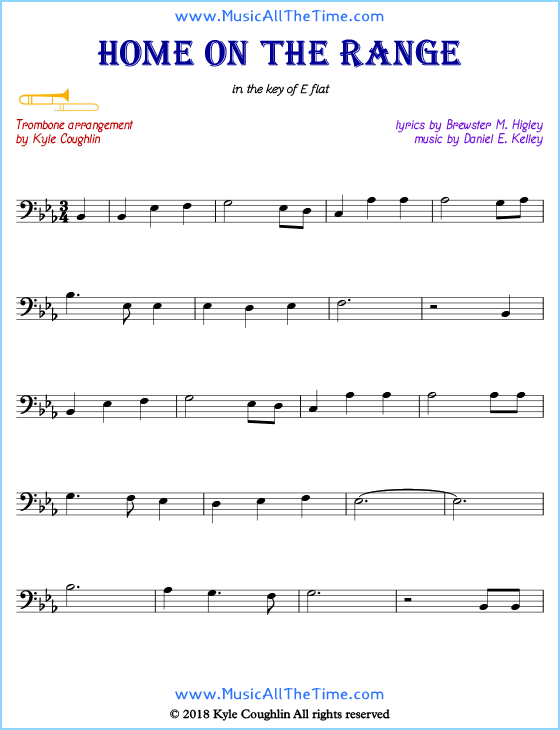 Home on the Range trombone sheet music, arranged to play along with other wind and brass instruments. Free printable PDF.