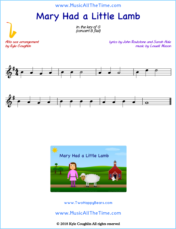 Mary Had a Little Lamb alto saxophone sheet music, arranged to play along with other wind and brass instruments. Free printable PDF.