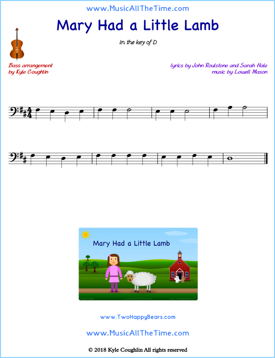 Mary Had a Little Lamb bass sheet music, arranged to play along with other string instruments. Free printable PDF.