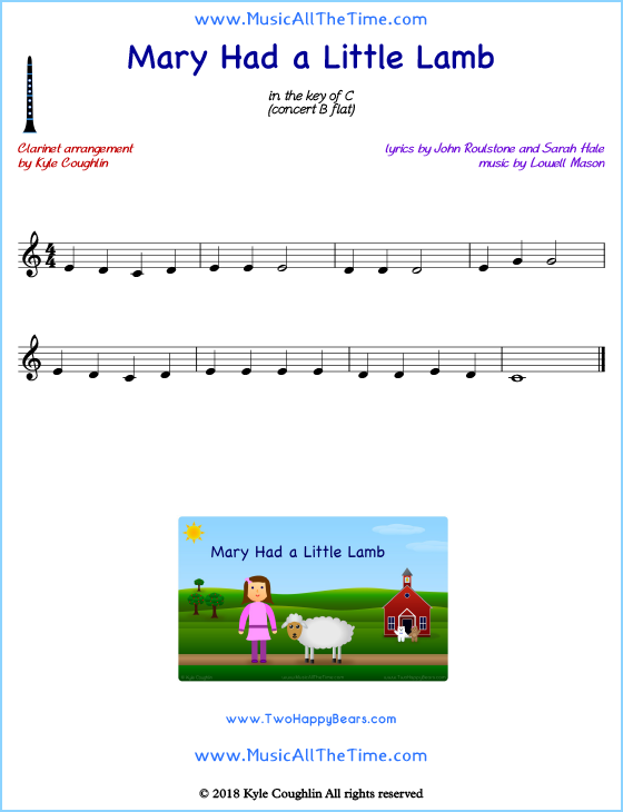 Mary Had a Little Lamb clarinet sheet music, arranged to play along with other wind and brass instruments. Free printable PDF.