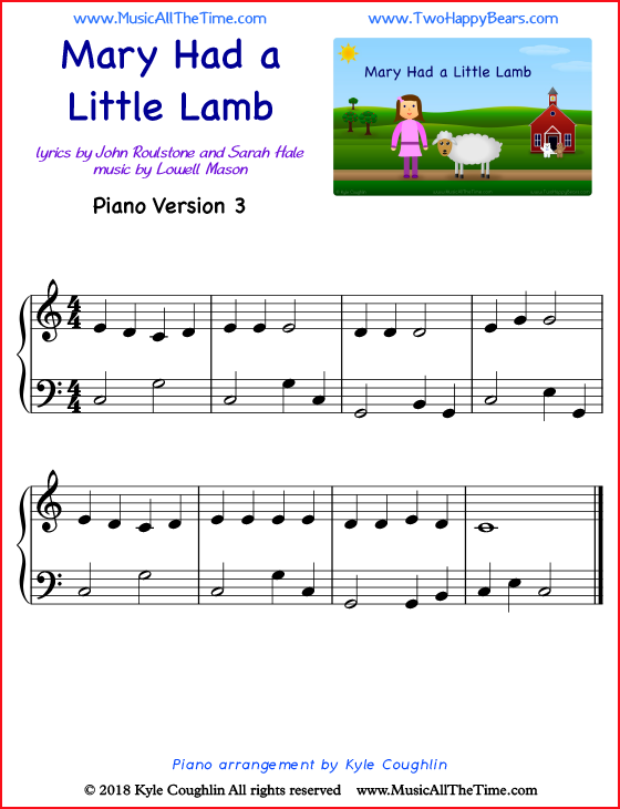 Mary Had a Little Lamb simple sheet music for piano. Free printable PDF.