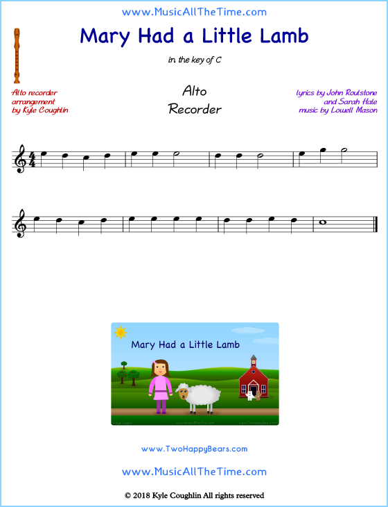 Mary Had a Little Lamb alto recorder sheet music. Free printable PDF.