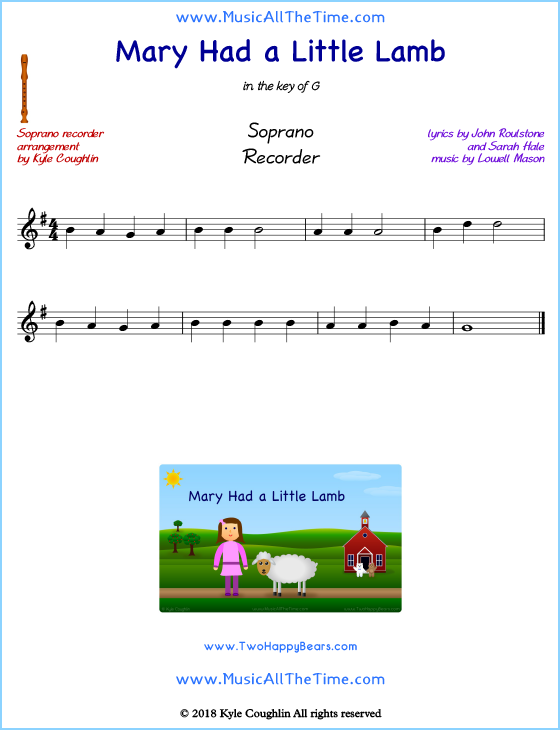 Mary Had a Little Lamb soprano recorder sheet music. Free printable PDF.