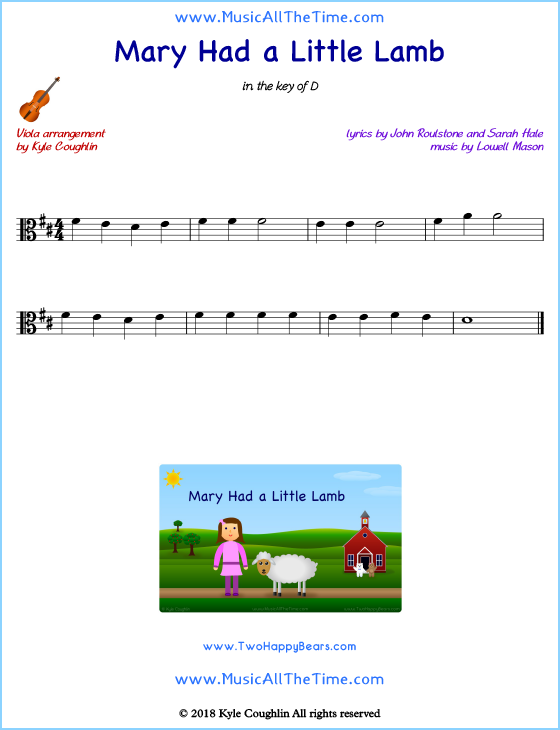 Mary Had a Little Lamb viola sheet music, arranged to play along with other string instruments. Free printable PDF.