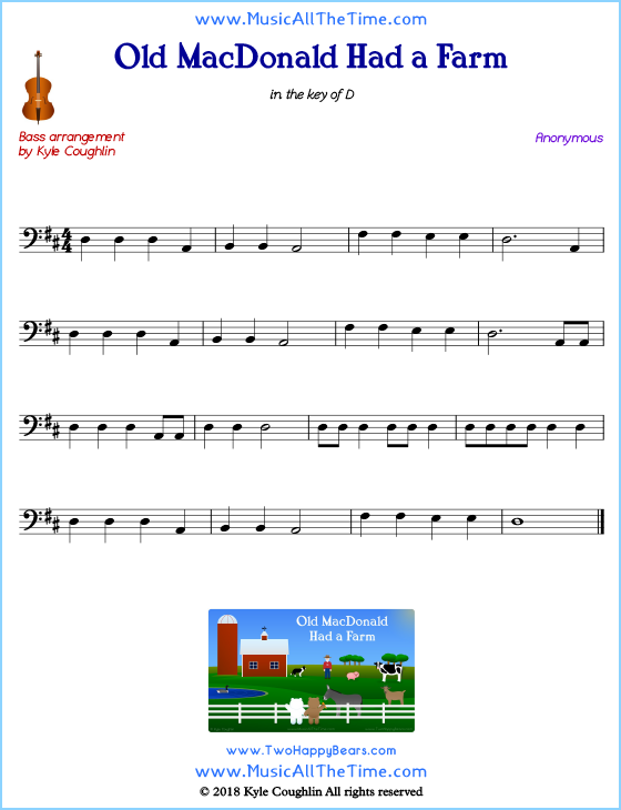 Old MacDonald Had a Farm bass sheet music, arranged to play along with other string instruments. Free printable PDF.