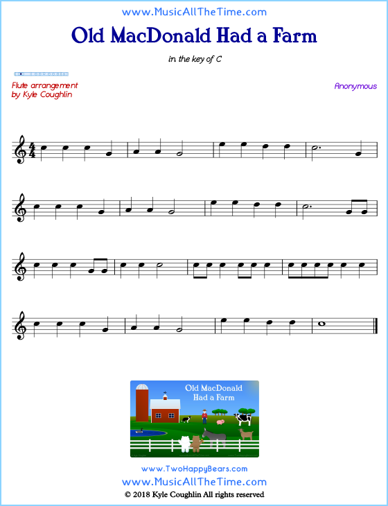 Old MacDonald Had a Farm flute sheet music, arranged to play along with other wind and brass instruments. Free printable PDF.