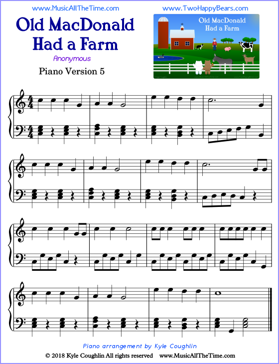 Old MacDonald Had a Farm advanced sheet music for piano. Free printable PDF.