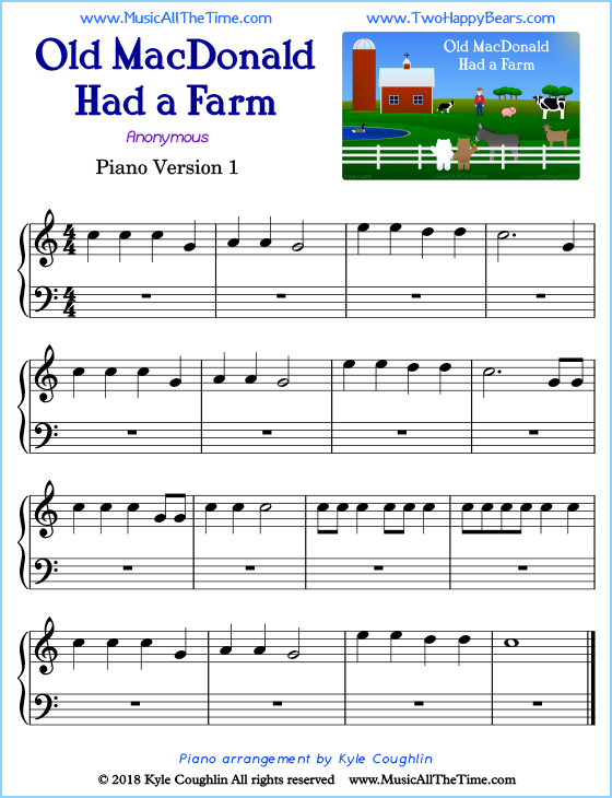 Old MacDonald Had a Farm beginner sheet music for piano. Free printable PDF.