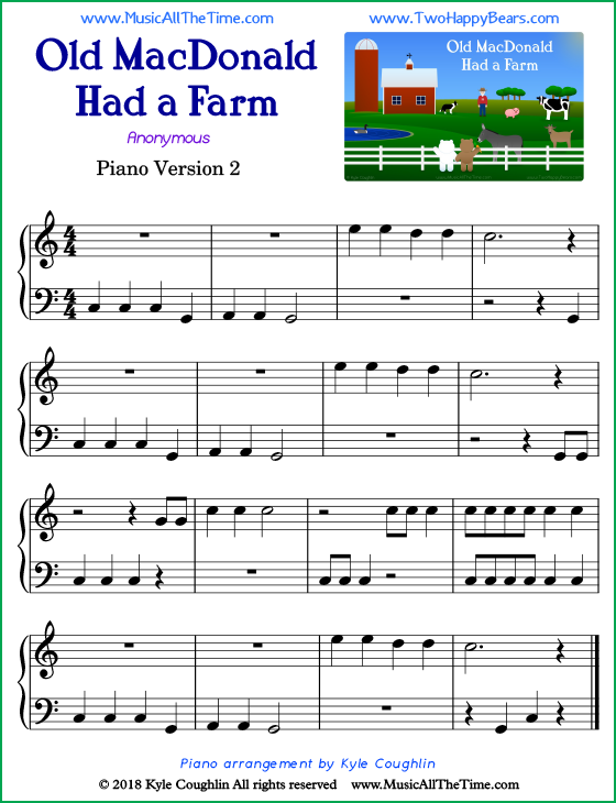 Old MacDonald Had a Farm easy sheet music for piano. Free printable PDF.