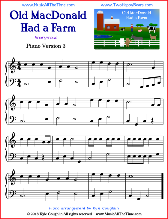 Old MacDonald Had a Farm simple sheet music for piano. Free printable PDF.