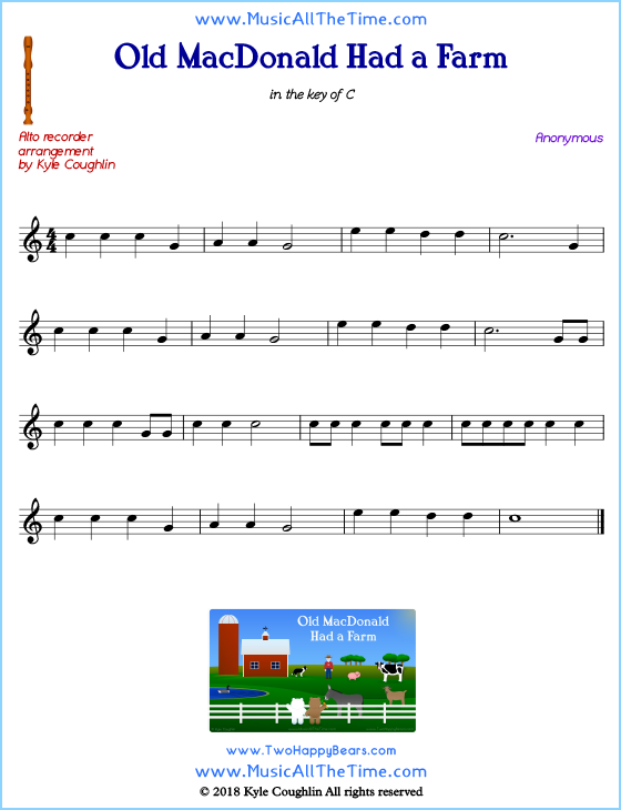 Old MacDonald Had a Farm alto recorder sheet music. Free printable PDF.