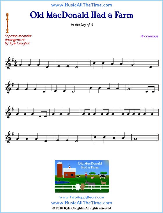 Old MacDonald Had a Farm soprano recorder sheet music. Free printable PDF.