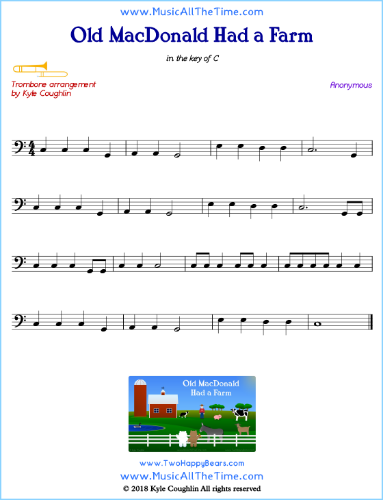 Old MacDonald Had a Farm trombone sheet music, arranged to play along with other wind and brass instruments. Free printable PDF.