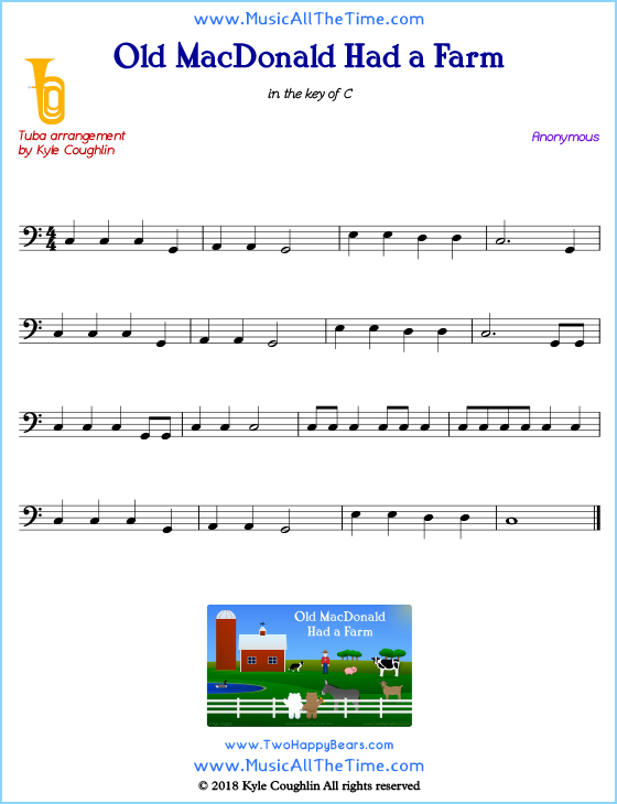 Old MacDonald Had a Farm tuba sheet music, arranged to play along with other wind and brass instruments. Free printable PDF.