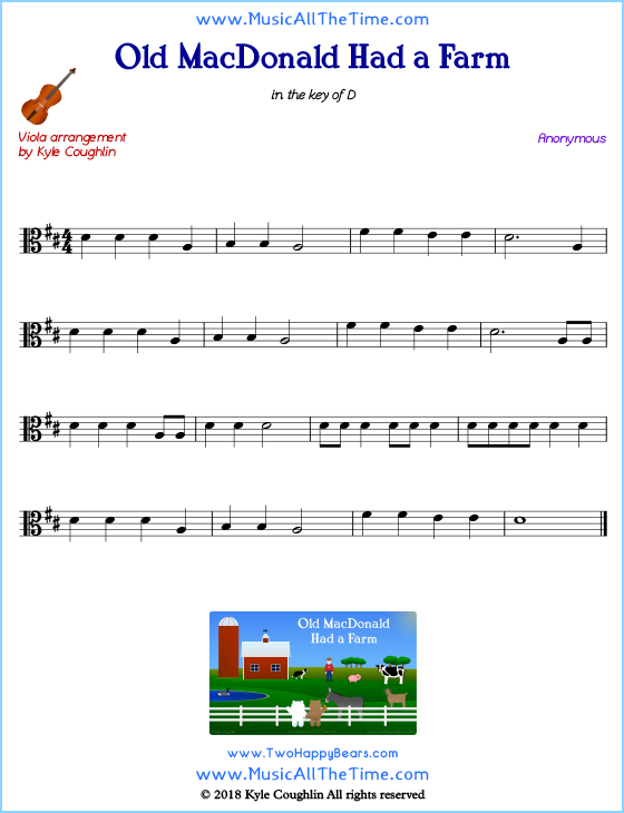 Old MacDonald Had a Farm viola sheet music, arranged to play along with other string instruments. Free printable PDF.