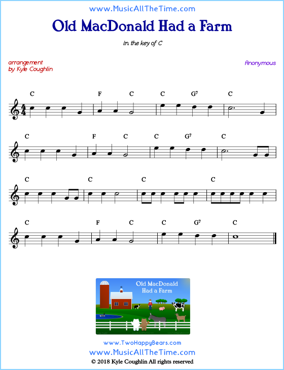 Old MacDonald Had a Farm lead sheet music with chords and melody.