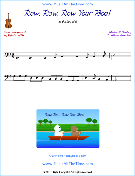 Row, Row, Row Your Boat bass sheet music, arranged to play along with other string instruments. Free printable PDF.