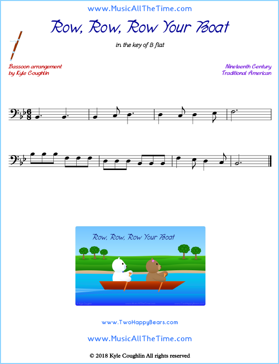 Row, Row, Row Your Boat bassoon sheet music, arranged to play along with other wind and brass instruments. Free printable PDF.